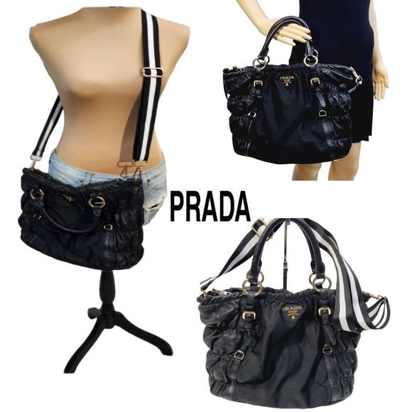 Prada Handbags - Prada Authentic leather tessuto  nylon & leather used black handbag